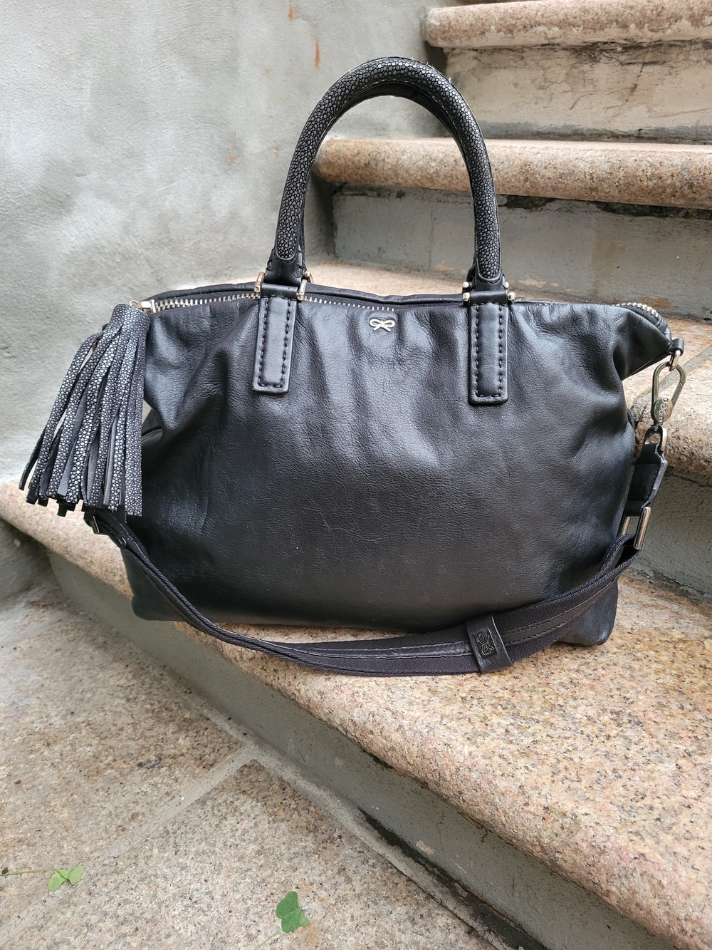 Anya Hindmarch Black Leather Tassel Satchel Crossbody Bag Stingray Handle Detail